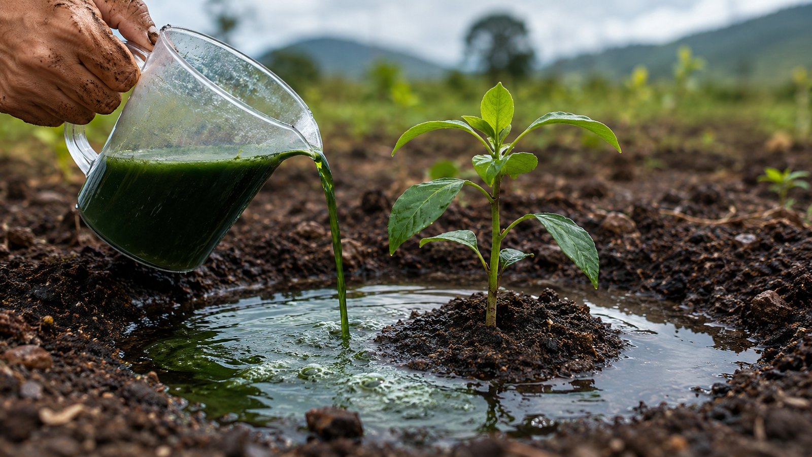 Living soil input poured near a seedling